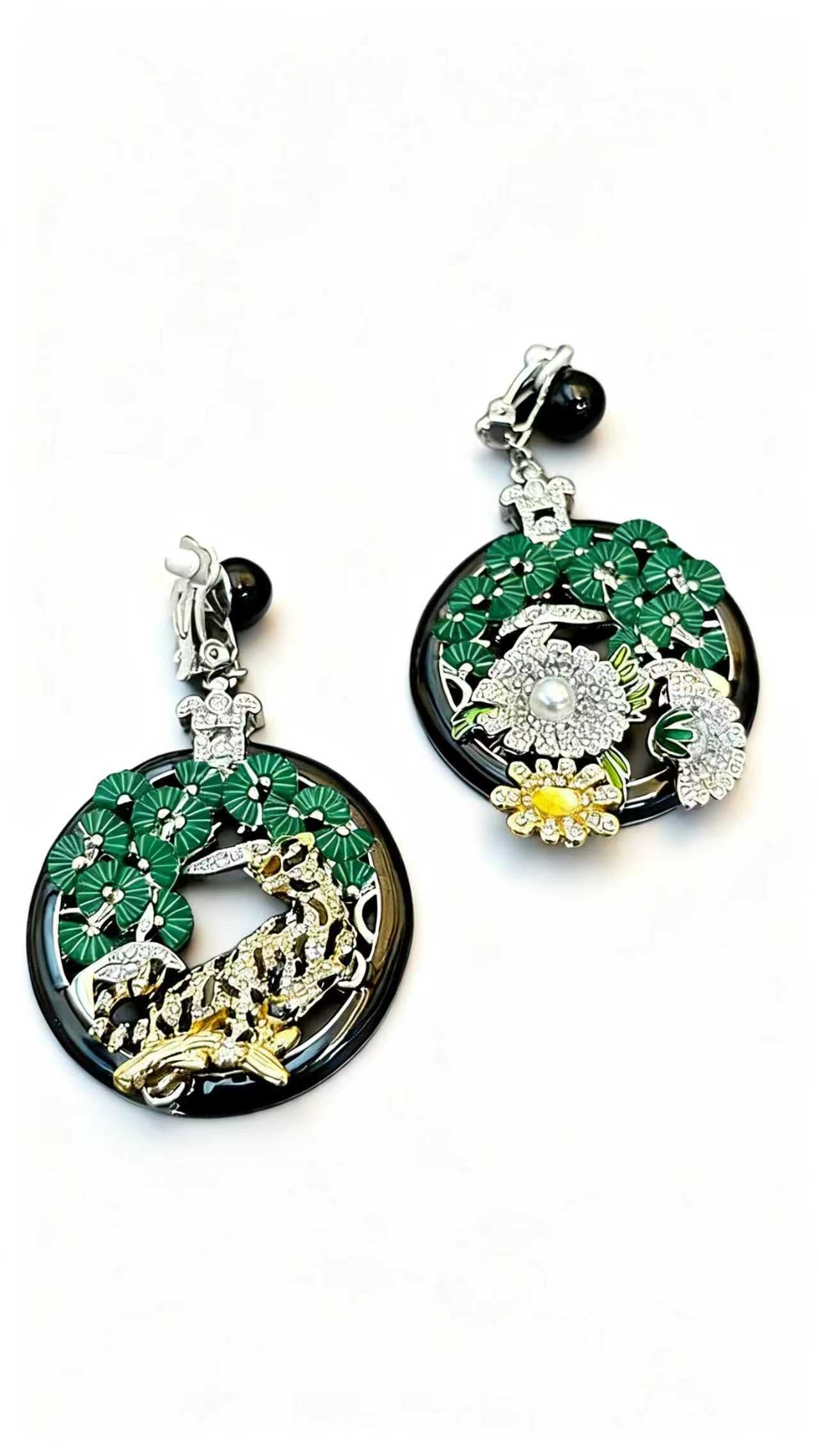 Oriental Pine Leopard Asymmetrical Drop Earrings