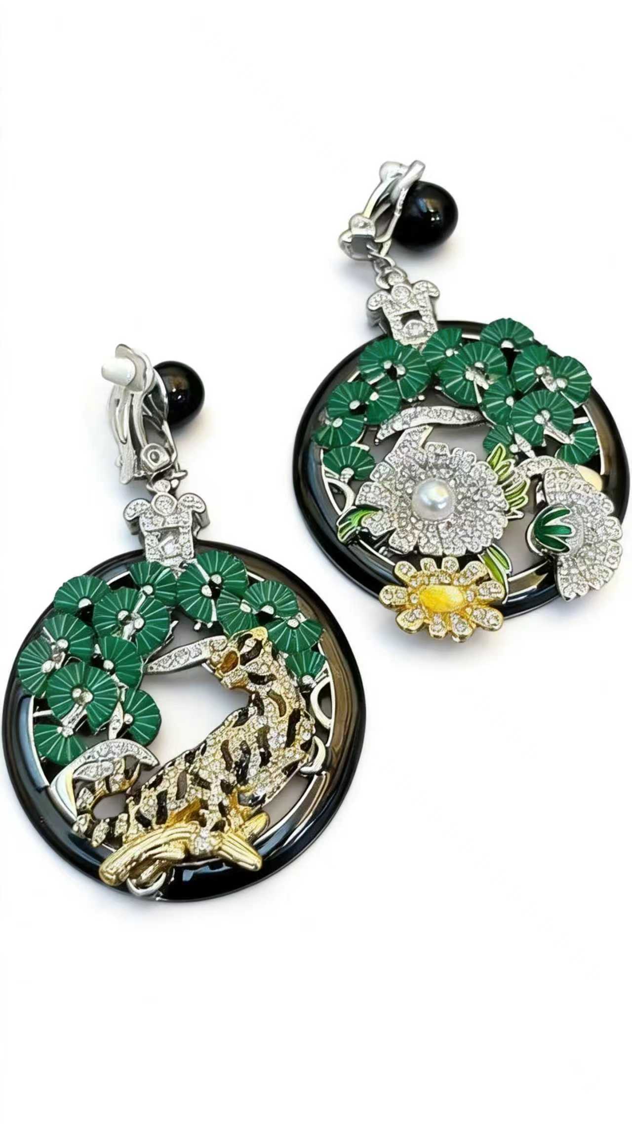 Oriental Pine Leopard Asymmetrical Drop Earrings