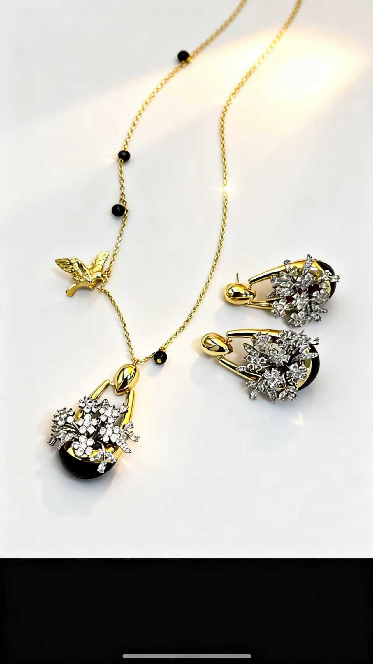 Oriental Hummingbird Teardrop Jewelry Set with Onyx & Crystal - Lijingshangshe